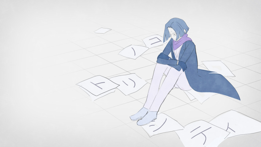 coat digimon gloves scarf short_hair sitting solo suedou_akemi