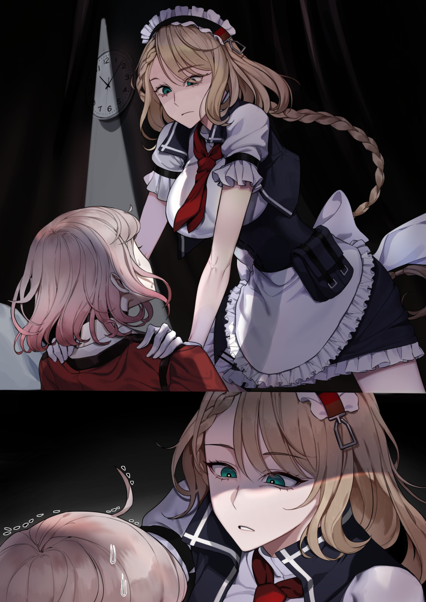 2girls apron aqua_eyes black_choker blonde_hair braid braided_ponytail breasts brown_hair choker closed_mouth commission dial g36_(girls&#039;_frontline) gentiane_(girls&#039;_frontline) girls&#039;_frontline gloves griffin_&amp;_kryuger_military_uniform highres jacket kuuky long_hair looking_at_another lying maid maid_apron maid_headdress medium_breasts medium_hair multicolored_hair multiple_girls necktie on_back open_mouth parted_lips pink_hair red_jacket red_necktie shirt short_sleeves side_ponytail sitting sitting_on_person streaked_hair white_apron white_gloves white_shirt yuri