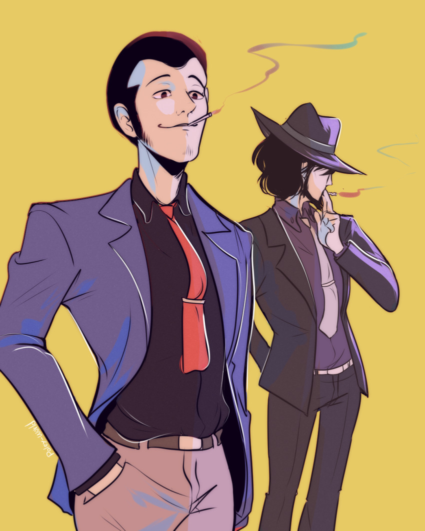 2boys arsene_lupin_iii artist_name beard black_eyes black_hair black_shirt blue_jacket commentary english_commentary facial_hair fedora formal_clothes grey_necktie hand_in_pocket hat highres jacket jigen_daisuke long_sleeves lupin_iii male_focus mouth_hold multiple_boys necktie open_clothes open_jacket poley-world purple_hat purple_shirt red_necktie shirt short_hair sideburns simple_background smile smoke smoking yellow_background