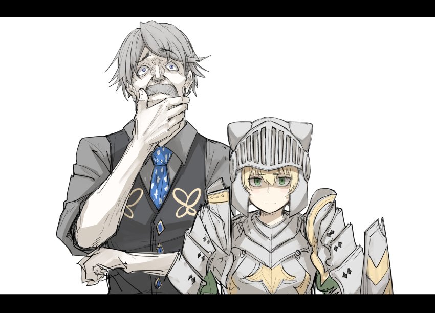 1boy 1girl armor blonde_hair blue_eyes blush_stickers facial_hair fate/grand_order fate_(series) full_armor gareth_(fate) green_eyes grey_hair helmet highres james_moriarty_(archer)_(fate) james_moriarty_(gray_collar)_(fate) kankan33333 letterboxed mustache necktie shaded_face shield thinking vest white_background