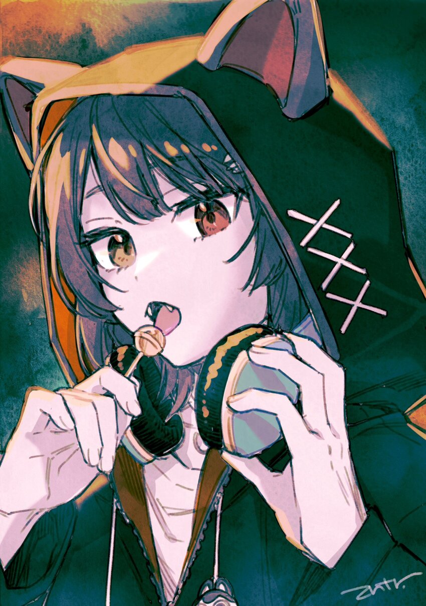 1girl animal_ears black_hair black_hoodie candy dog_ears dog_girl dot_nose fangs food headphones headphones_around_neck heterochromia highres holding holding_candy holding_food holding_lollipop hood hood_up hoodie inui_toko lollipop looking_at_viewer matsugi_zuntaro medium_hair nijisanji open_mouth portrait red_eyes solo tongue virtual_youtuber yellow_eyes