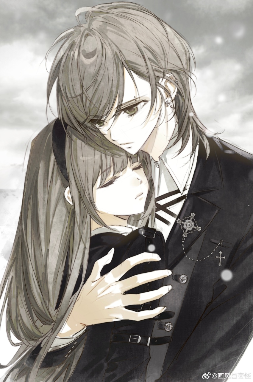 2000s_(style) absurdres couple ear_piercing earrings fengguai hairband highres hug jewelry long_hair original piercing shirt
