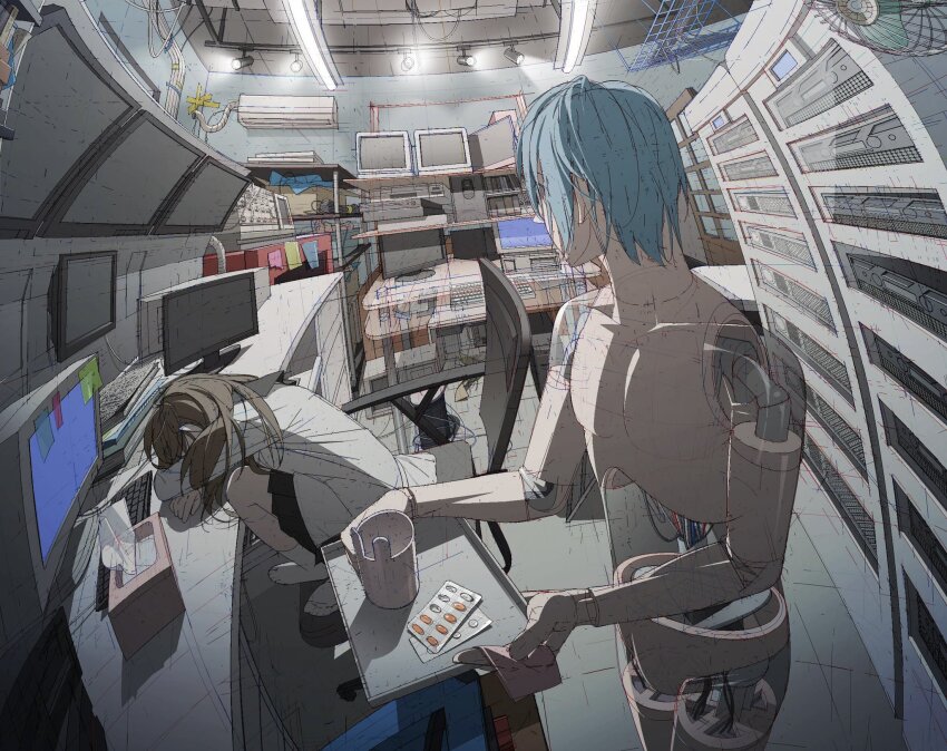 1boy 1girl air_conditioner android black_skirt blister_pack blue_hair brown_hair cable chair coat commentary completely_nude computer crt cup desk english_commentary fisheye fluorescent_lamp head_down head_on_table highres holding holding_tray indoors joints lab_coat laboratory looking_at_another mechabare microsoft_paint_(medium) monitor mug no_genitals nude office_chair on_chair original robot_joints see-through_body server shelf short_hair sitting skirt sleeping standing swivel_chair tile_floor tiles tissue_box tkwkai tray white_coat