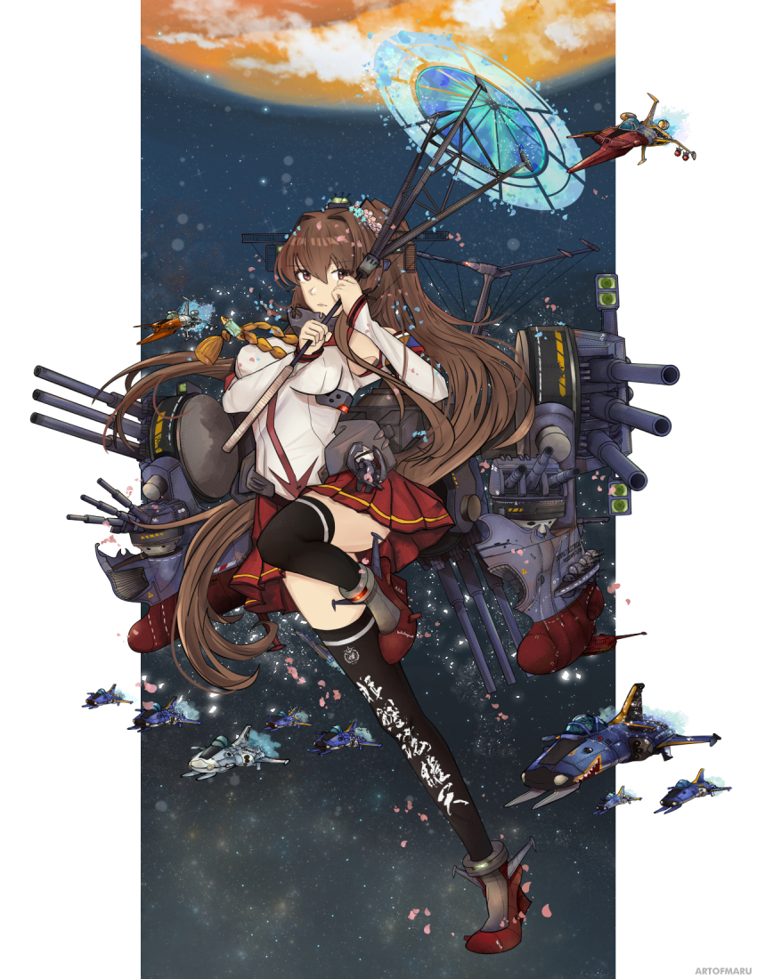 1girl armband bananamaru black_thighhighs breasts brown_eyes brown_hair cherry_blossoms clothes_writing clothing_cutout collar flower hair_flower hair_intakes hair_ornament headgear highres hip_vent holding holding_umbrella kantai_collection large_breasts long_hair long_sleeves metal_collar miniskirt original_remodel_(kantai_collection) pleated_skirt ponytail red_skirt shoulder_cutout sidelocks skirt solo spacecraft textless_version thighhighs uchuu_senkan_yamato uchuu_senkan_yamato_2199 umbrella very_long_hair yamato_(kancolle) yamato_kai_(kancolle) z_flag