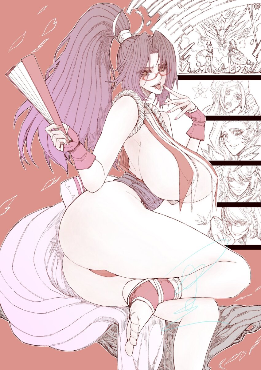 ass breasts brown_eyes brown_hair cleavage dead_or_alive eyelashes fatal_fury fatal_fury:_city_of_the_wolves folded_fan folding_fan glasses gloves hand_fan high_ponytail highleg highres hip_focus huge_ass japanese_clothes jun_wu_mo large_breasts long_hair looking_at_viewer narrow_waist ninja open_mouth pelvic_curtain ponytail red-framed_eyewear revealing_clothes rope shiranui_mai sideboob snk street_fighter street_fighter_6 the_king_of_fighters thick_thighs thighs thong tongue tongue_out wide_hips wrist_guards
