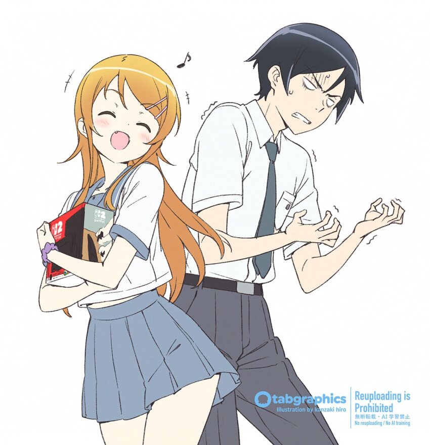 1boy 1girl box brother_and_sister closed_eyes fang hair_ornament hairclip highres holding holding_box kanzaki_hiro kousaka_kirino kousaka_kirino&#039;s_school_uniform kousaka_kyousuke long_hair musical_note nintendo nintendo_switch_2 no_pupils orange_hair ore_no_imouto_ga_konna_ni_kawaii_wake_ga_nai school_uniform siblings smile trembling