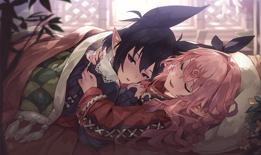 2girls =_= animal_ear_fluff animal_ears backlighting bed black_hair black_ribbon black_shirt blanket blurry blurry_foreground blush closed_eyes collared_shirt commentary_request day depth_of_field frilled_sleeves frills hair_between_eyes hair_intakes hair_ribbon half-closed_eyes highres hug indoors lace_trim light long_hair long_sleeves lying multiple_girls narumi_arata nose_bubble on_back on_bed original parted_lips pillow pink_hair plant pointy_ears purple_eyes recri_(narumi_arata) red_shirt ribbon shirt short_hair sidelocks sleeping sleeves_past_wrists teeth wavy_hair window