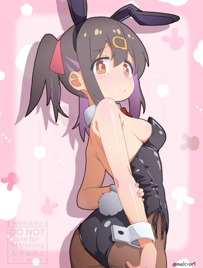 1girl absurdres animal_ears ass black_hair black_leotard black_pantyhose bow bowtie breasts brown_eyes closed_mouth commentary detached_collar fake_animal_ears fake_tail from_behind hair_ornament hairclip highres leotard looking_at_viewer medium_breasts melciort multicolored_hair onii-chan_wa_oshimai! oyama_mihari pantyhose playboy_bunny purple_hair rabbit_ears rabbit_tail red_bow red_bowtie short_hair side-tie_leotard simple_background solo strapless strapless_leotard tail twintails two-tone_hair wrist_cuffs