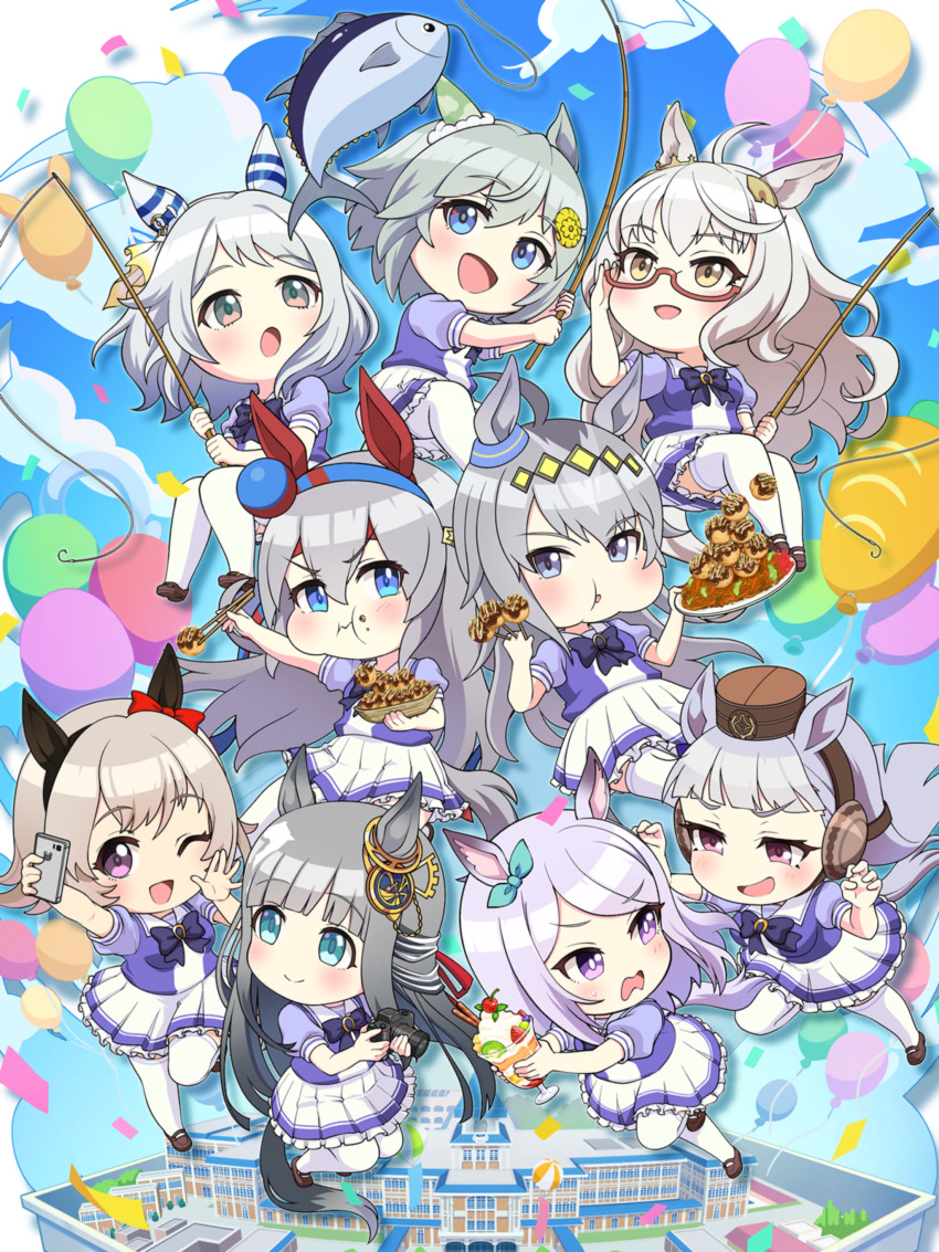 6+girls absurdres animal_ears bad_link biwa_hayahide_(umamusume) blue_eyes building camera cellphone chibi chrono_genesis_(umamusume) curren_chan_(umamusume) fish fishing_rod food glasses gold_ship_(umamusume) grey_hair hairband hat headband highres hishi_miracle_(umamusume) horse_ears horse_girl horse_tail long_hair looking_at_viewer mejiro_mcqueen_(umamusume) multiple_girls official_art oguri_cap_(umamusume) one_eye_closed parfait phone plate school_uniform seiun_sky_(umamusume) selfie sky smile tail takoyaki tamamo_cross_(umamusume) thighhighs tracen_school_uniform tuna umamusume