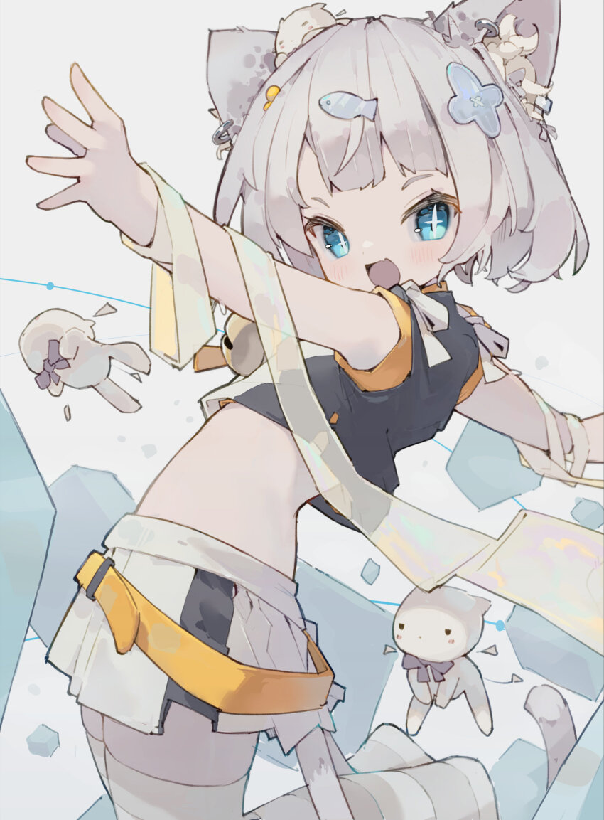 1girl animal_ear_fluff animal_ears aqua_eyes bandages creature crop_top fang fish_hair_ornament grey_hair hair_ornament highres looking_at_viewer medium_hair midriff nep_(nep_76) open_mouth original pleated_skirt skin_fang skirt smile solo stomach thighhighs white_background white_skirt white_thighhighs x_hair_ornament