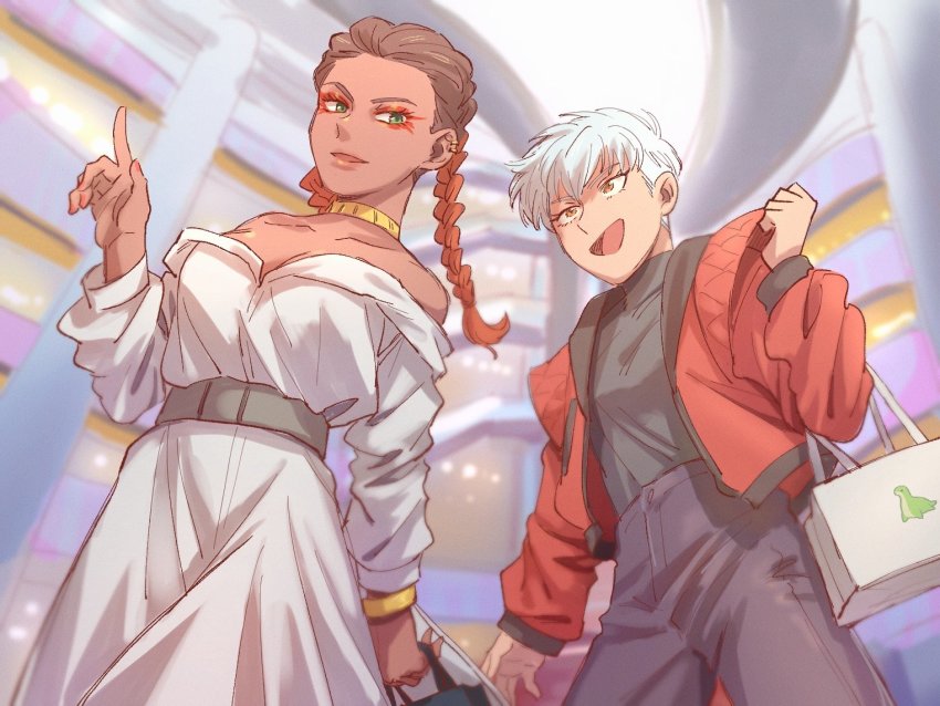 2girls animification apex_legends aqua_eyes bag belt black_pants black_sweater braid breasts brown_hair clenched_hand dark-skinned_female dark_skin dating dress eyeshadow gold_choker gradient_hair grey_belt grey_hair jacket kogane_mushi loba_(apex_legends) looking_to_the_side makeup mall medium_hair multicolored_hair multiple_girls nessie_(respawn) off-shoulder_dress off_shoulder open_hand pants pointing red_eyeshadow red_hair red_jacket shopping_bag short_hair small_breasts smile sweater sweater_tucked_in turtleneck turtleneck_sweater twin_braids valkyrie_(apex_legends) white_dress yellow_eyes yuri