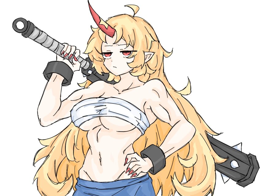 1girl blonde_hair breasts cleavage closed_mouth club club_(weapon) cuffs fingernails fumomono groin highres horns hoshiguma_yuugi kanabou large_breasts long_fingernails long_hair looking_at_viewer mace navel red_eyes red_nails shackles simple_background single_horn solo spiked_mace spikes touhou underboob upper_body weapon white_background