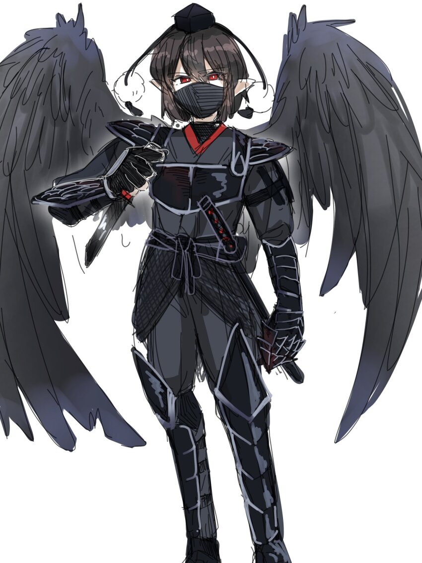 1girl alternate_costume alternate_headwear_color bird_wings black_gloves black_hat black_kimono black_mask black_wings brown_hair commentary_request feathered_wings fingerless_gloves gauntlets gloves hat highres holding holding_knife japanese_clothes kimono knife konton_hakusai leg_armor long_sleeves looking_at_viewer mask mouth_mask ninja pointy_ears pom_pom_(clothes) red_eyes reverse_grip shameimaru_aya sheath sheathed short_hair simple_background solo sword tokin_hat touhou weapon white_background wings
