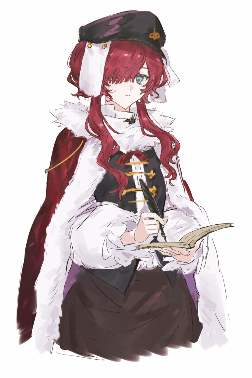 1girl black_hat black_vest blue_eyes brown_skirt cape closed_mouth clothes_writing cowboy_shot fur-trimmed_cape fur_trim hair_over_one_eye hat highres holding holding_notebook holding_quill long_sleeves looking_at_viewer newsboy_cap notebook one_eye_covered puffy_long_sleeves puffy_sleeves quill rang_wo_zai_shui_10_fenzhong red_cape red_hair reverse:1999 shirt short_hair_with_long_locks skirt solo vest white_background white_shirt yenisei_(reverse:1999)