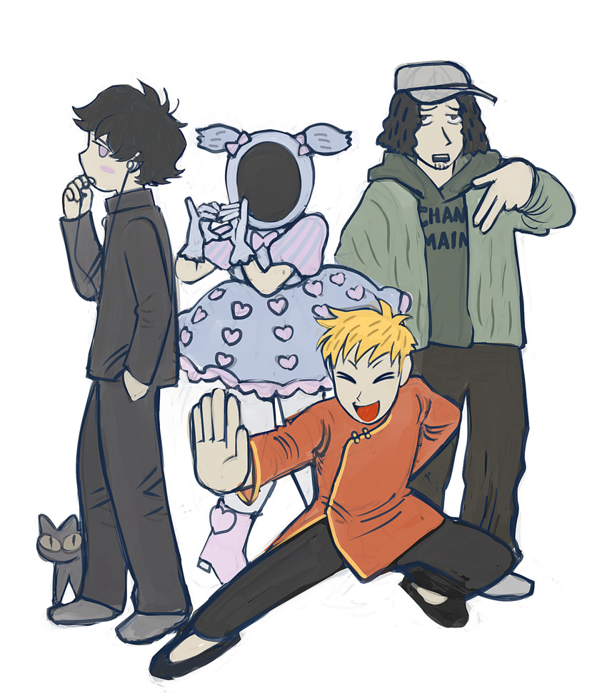 4boys alternate_costume alternate_hair_color arm_behind_back baseball_cap black_eyes black_hair black_pants blonde_hair blue_dress blue_gloves boots bow bowtie bubble_skirt cat chinese_clothes commentary_request covered_face crossdressing dress earbuds earphones facing_viewer flats full_body furrowed_brow gakuran gang_sign gloves green_hoodie hacchi_(napoli_no_otokotachi) hair_through_headwear hand_in_pocket hand_up hat heart heart_hands heart_print high_collar high_heel_boots high_heels highres holding holding_earphones hood hoodie idol_clothes jack-o&#039;_ran-tan long_sleeves looking_at_viewer looking_to_the_side male_focus martial_arts mask multiple_boys napoli_no_otokotachi outstretched_leg pants pantyhose pigeon-toed pink_boots pink_bow pink_bowtie pink_dress pinky_out puffy_short_sleeves puffy_sleeves purple_eyes q-gou_(no_nine_84) red_shirt school_uniform shirt short_hair short_sleeves short_twintails shu3_(napoli_no_otokotachi) simple_background skirt squatting standing tangzhuang twintails vertical-striped_sleeves white_background white_pantyhose