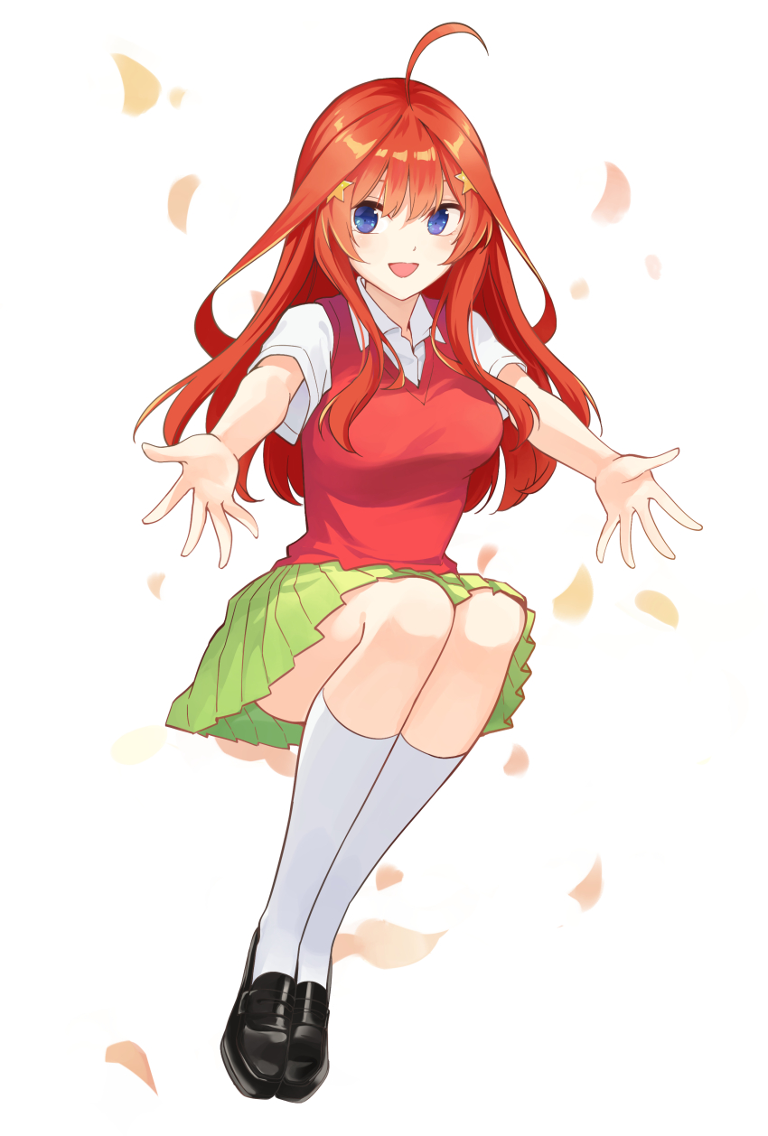 1girl absurdres ahoge bare_arms bare_legs black_footwear blue_eyes breasts collared_shirt falling_petals go-toubun_no_hanayome green_skirt hair_ornament highres kneehighs legs_together loafers long_hair looking_at_viewer meijin_kusano nakano_itsuki open_mouth outstretched_arms petals pleated_skirt red_hair red_vest school_uniform shirt shoes short_sleeves skirt smile socks star_(symbol) star_hair_ornament vest white_background white_shirt white_socks yellow_star