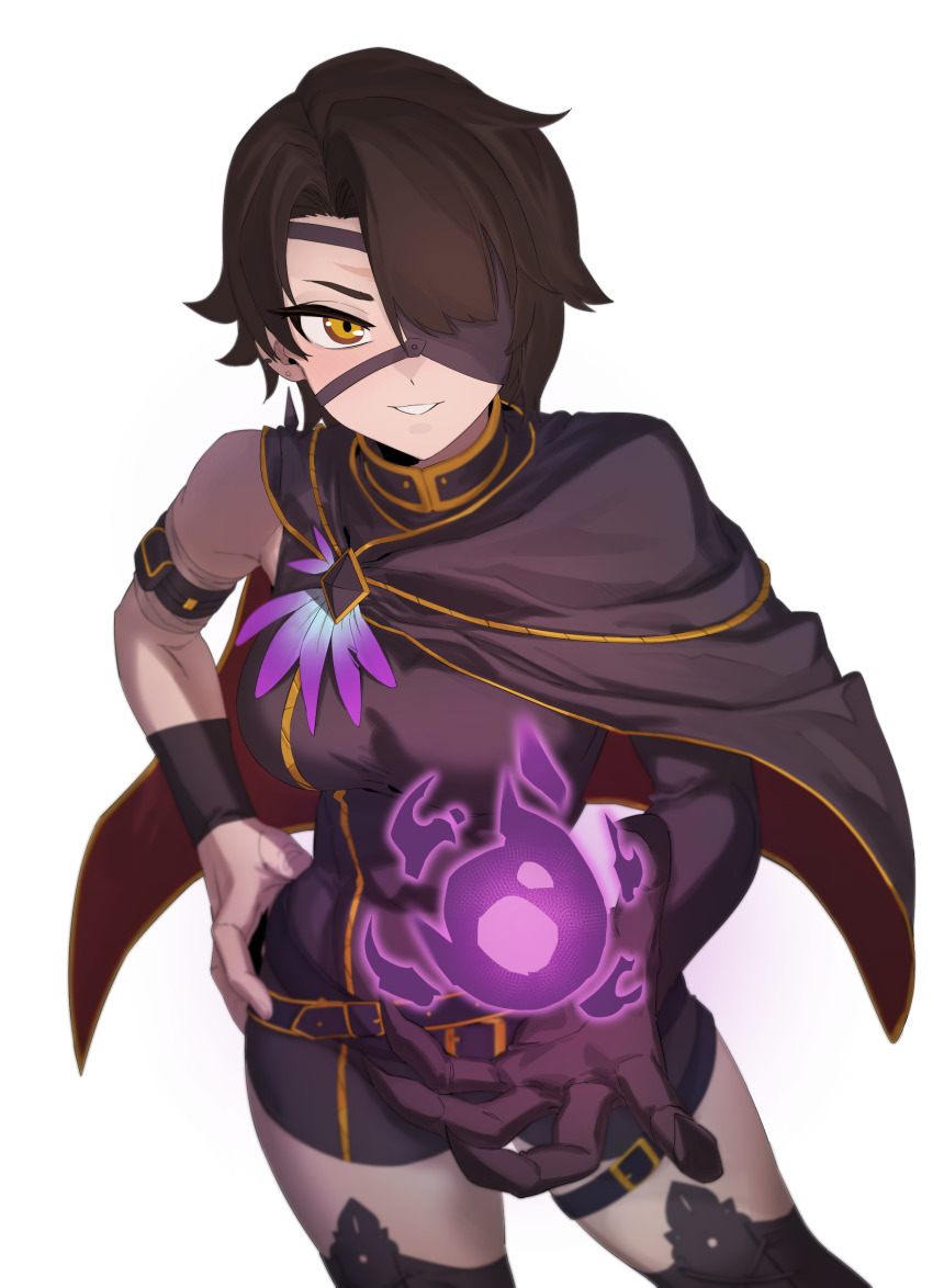 absurdres black_claws black_hair black_romper boots breasts brooch cape cinder_fall commission commissioner_upload energy_ball eyepatch highres jewelry knee_boots medium_breasts romper rwby short_hair solo thigh_gap thighs wristband yellow_eyes zequung