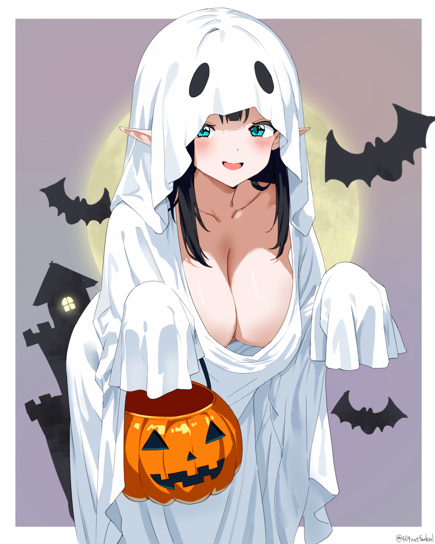 1girl 4o4_n0t_fankal absurdres bat_(animal) bent_over black_hair blush breasts cleavage elf ghost_costume green_eyes grey_background halloween halloween_bucket halloween_costume highres jack-o&#039;-lantern large_breasts long_hair looking_at_viewer naked_costume no_bra open_mouth original pointy_ears sheet_ghost simple_background smile solo