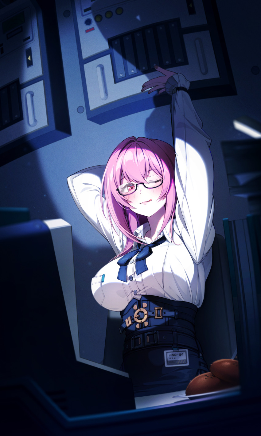 1girl absurdres arm_up black_skirt breasts chepill collared_shirt glasses hair_between_eyes high-waist_skirt highres indoors large_breasts licking_lips long_hair one_eye_closed pink_eyes pink_hair shirt skirt smile tongue tongue_out tsukishiro_yanagi upper_body white_shirt zenless_zone_zero