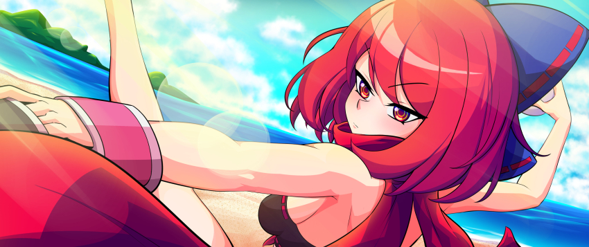1girl blue_sky blush bmkro bow closed_mouth cloud commentary english_commentary hair_bow highres horizon launching looking_at_viewer outdoors red_eyes red_hair sekibanki sekibanki_(dullahan_on_the_beach) short_hair sky solo touhou touhou_lostword