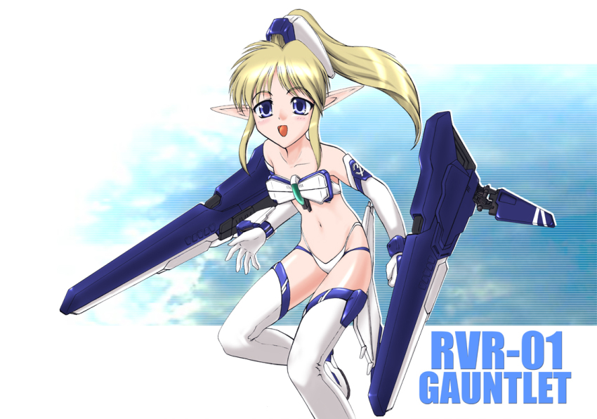 bare_shoulders bikini blonde_hair blue_eyes blush boots elbow_gloves gloves highleg highleg_bikini long_hair mecha_musume midriff mochizuki_kazuto navel personification pointy_ears ponytail rvr-01_gauntlet swimsuit thigh_boots thighhighs thunder_force white_bikini white_gloves white_thighhighs