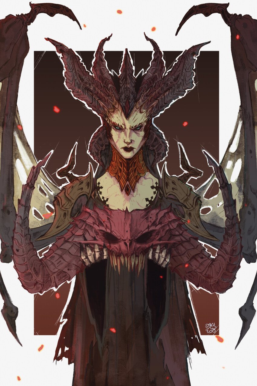 1girl absurdres black_dress black_lips breasts cleavage demon_girl demon_horns demon_wings diablo_(series) dress fingernails frown heterochromia highres horns lilith_(diablo) looking_at_viewer marionchevallier medium_breasts sharp_fingernails skull solo wings