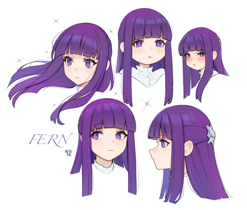 1girl blunt_bangs blush character_name closed_mouth cropped_shoulders fern_(sousou_no_frieren) highres long_hair multiple_views netapai1 pout profile purple_eyes purple_hair sousou_no_frieren