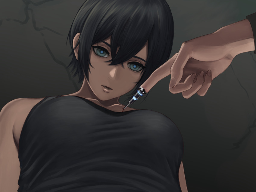 2girls android artificial_eye black_hair black_shirt blue_pupils breasts commission damaged hacking highres large_breasts mechabare mechanical_eye multiple_girls muscular muscular_female pixiv_commission rob_110101101 shirt short_hair t-800 t-x terminator_(series) terminator_3:_rise_of_the_machines the_terminator