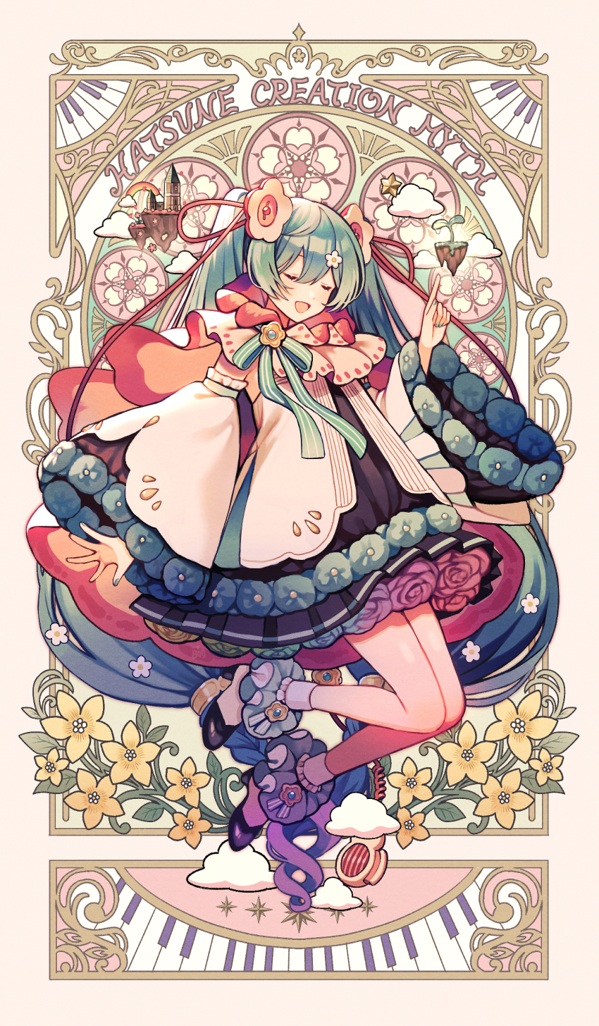 1girl :d amagi_hana black_dress blush cape closed_eyes commentary_request dress flower full_body green_hair green_nails green_ribbon hair_between_eyes hair_flower hair_ornament hair_ribbon hair_up hatsune_miku hatsune_tenchikaibyaku_shinwa_(vocaloid) high_heels highres index_finger_raised instrument keyboard_(instrument) long_hair long_sleeves magical_mirai_miku magical_mirai_miku_(2021) nail_polish open_mouth red_cape red_ribbon ribbon shoes smile socks solo twintails very_long_hair vocaloid white_shoes white_socks wide_sleeves