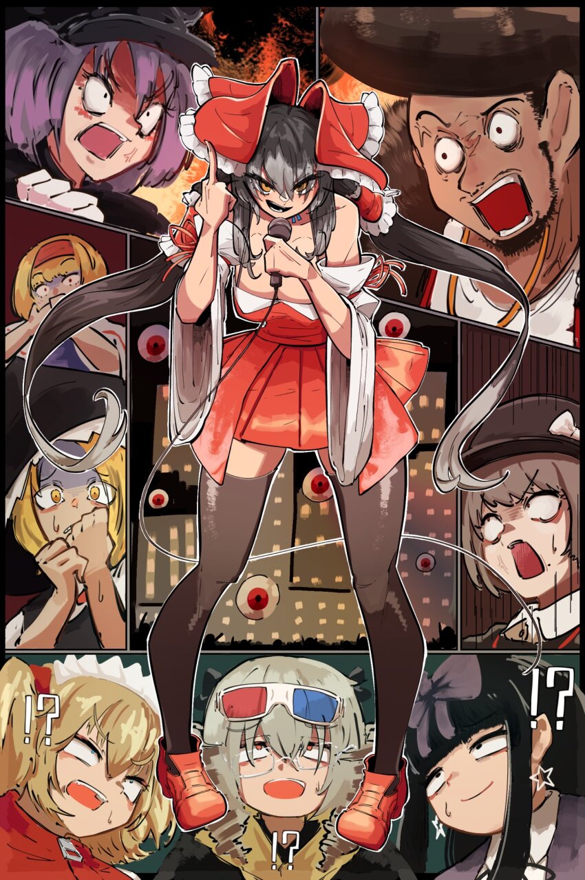 !? 1boy 3d_glasses 6+girls agucala_(cookie) alice_margatroid anger_vein angry black_eyes black_hair black_headwear black_thighhighs blonde_hair bow brown_eyes brown_hair clenched_hand closed_mouth constricted_pupils cookie_(touhou) detached_sleeves disembodied_eye dress earrings eyes_visible_through_hair eyewear_on_head frilled_bow frilled_hair_tubes frills full_body geru_futota glasses grey-framed_eyewear hair_between_eyes hair_bow hair_tubes hakurei_reimu hat highres hime_cut holding holding_microphone jewelry kirisame_marisa long_bangs long_hair looking_at_another looking_at_viewer luna_child microphone middle_finger mishou_kazuya_(cookie) multiple_girls necklace odoro_(nicoseiga81184094) open_mouth pompadour purple_bow purple_hair red_bow red_dress red_eyes red_footwear remilia_scarlet riran_youkyu scared shiriri_saikyo shoes short_hair shumiyou_desu shunga_youkyu sidelocks sleeveless sleeveless_dress smile solo_focus standing star_(symbol) star_earrings star_sapphire sunny_milk surprised thighhighs touhou upper_body usami_renko v-shaped_eyebrows very_long_hair white_sleeves wide_sleeves witch_hat yellow_eyes