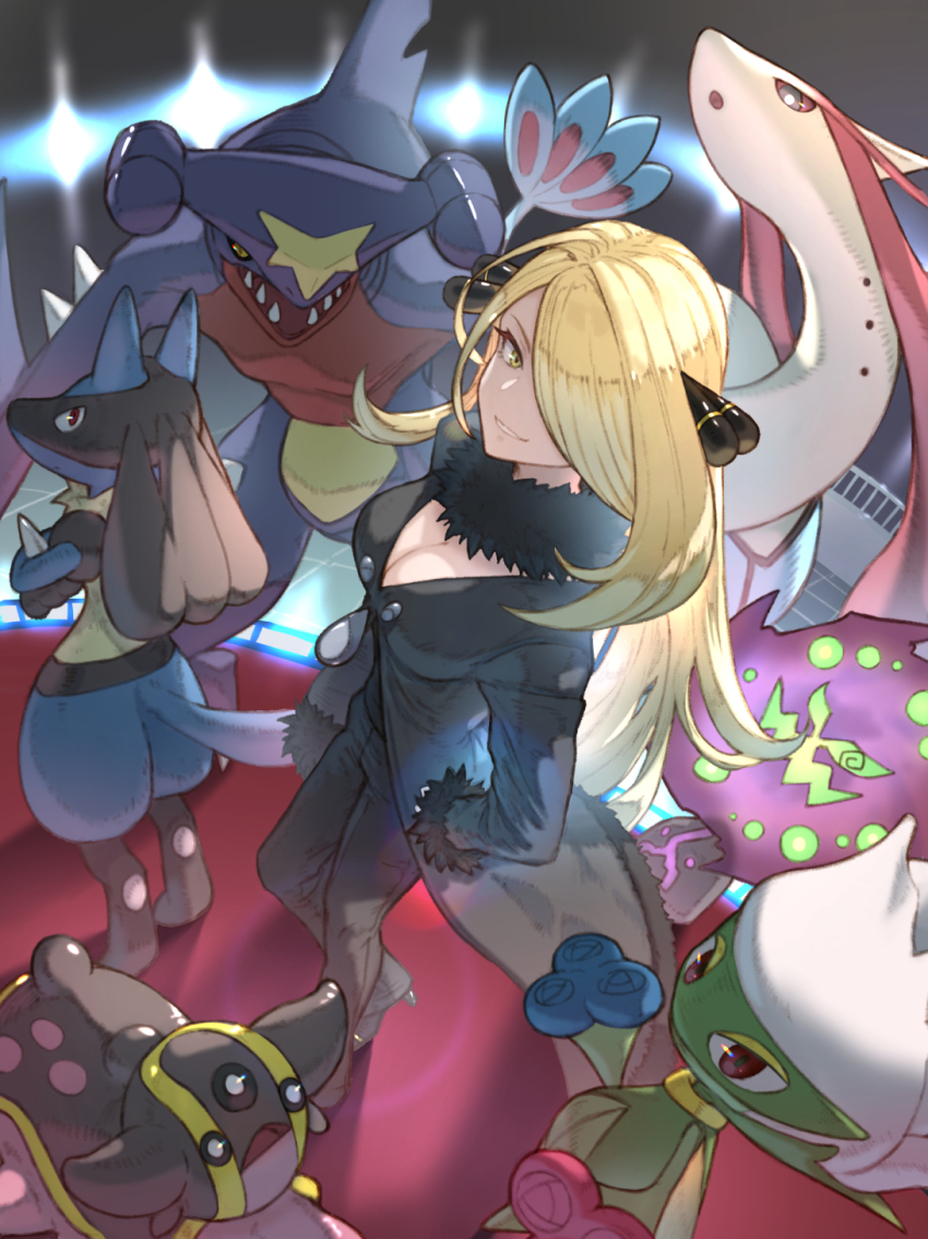 1girl black_coat black_pants blonde_hair breasts cleavage coat crossed_arms cynthia_(pokemon) dragon from_above full_body game_freak garchomp gastrodon gen_3_pokemon gen_4_pokemon ghost group_picture hair_over_one_eye highres long_hair looking_at_viewer lucario medium_breasts milotic nintendo pants pokemon pokemon_dppt roserade sea_serpent sharp_teeth spiritomb standing teeth ve_0ekaki