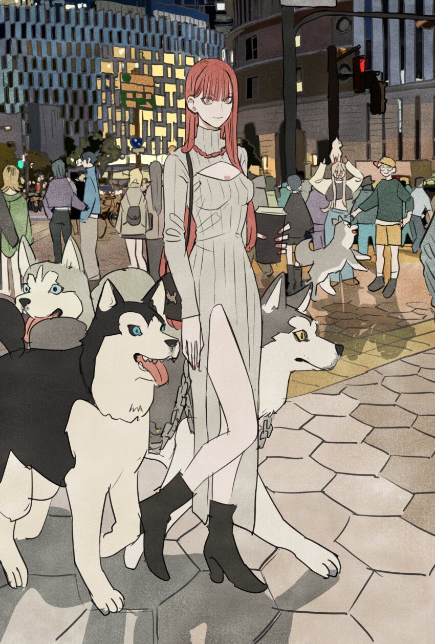 animal back bag black_footwear blunt_bangs boots chainsaw_man character_request commentary cup denji_(chainsaw_man) dog full_body hair_behind_ear hand_in_pocket hat hayakawa_aki highres himeno_(chainsaw_man) holding holding_cup horns katana_man_(chainsaw_man) long_hair looking_at_viewer makima_(chainsaw_man) outdoors ponytail power_(chainsaw_man) red_hair red_nails sawatari_akane_(chainsaw_man) short_hair shorts shoulder_bag side_slit takeuchi_ryousuke tongue tongue_out turtleneck yoru_(chainsaw_man)