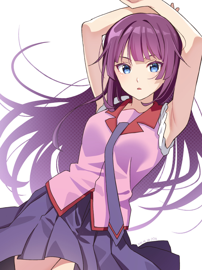 1girl absurdres arms_up blue_eyes floating_hair halftone highres lapels long_hair looking_at_viewer manimani_(mani_ma) miniskirt monogatari_(series) naoetsu_high_school_uniform necktie notched_lapels pink_shirt pleated_skirt purple_hair purple_skirt school_uniform senjougahara_hitagi shirt skirt sleeveless sleeveless_shirt solo