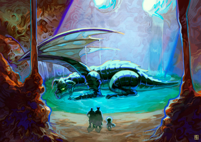 1other 3boys absolum_art absurdres black_dragon_(chrono_cross) cape cave chrono_cross dragon facing_away glowing glowing_eyes hand_on_own_hip highres horns lynx_(chrono_cross) multiple_boys pond silhouette stalactite stalagmite starky_(chrono_cross) sunlight