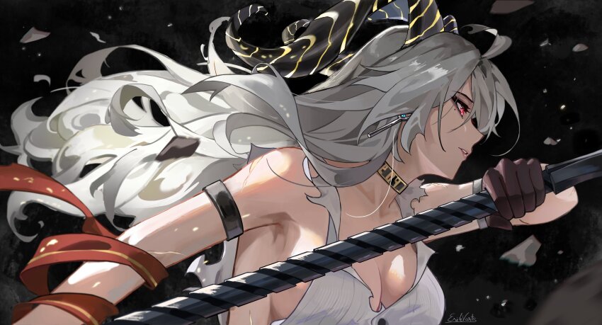 1girl absurdres bare_shoulders black_choker black_gloves black_horns breasts choker commentary curled_horns earrings erikvarts gloves highres holding horns jewelry key_earrings large_breasts long_hair looking_ahead parted_lips red_eyes shirt signature solo torn_clothes torn_shirt upper_body white_shirt wuthering_waves zani_(wuthering_waves)