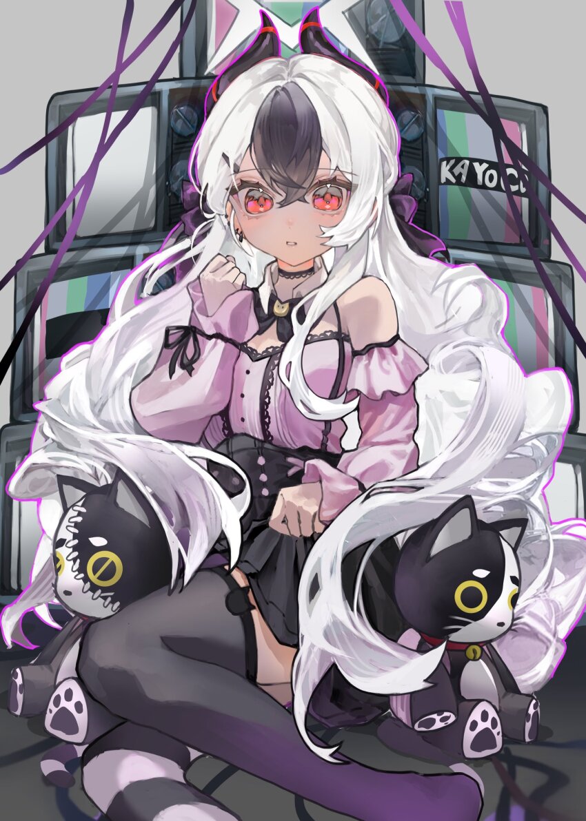 1girl black_hair black_skirt black_thighhighs blue_archive blush bow cookie052070521 crt demon_horns frilled_shirt frills hair_between_eyes hair_ornament halo heart highres horns jirai_kei kayoko_(blue_archive) long_hair long_sleeves multicolored_hair pink_shirt red_eyes ribbon shirt skirt solo suspender_skirt suspenders thighhighs two-tone_hair white_hair
