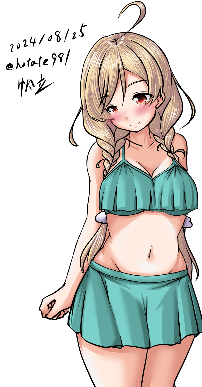 1girl absurdres ahoge artist_name bikini bikini_skirt braid breasts cloud_hair_ornament cosplay cowboy_shot dated green_bikini highres hotate_(hotate981) kantai_collection kasumi_(kancolle) kasumi_(kancolle)_(cosplay) kasumi_kai_ni_(kancolle) kasumi_kai_ni_(swimsuit)_(kancolle) large_breasts light_brown_hair long_hair low_twin_braids minegumo_(kancolle) red_eyes simple_background solo swimsuit twin_braids twitter_username white_background