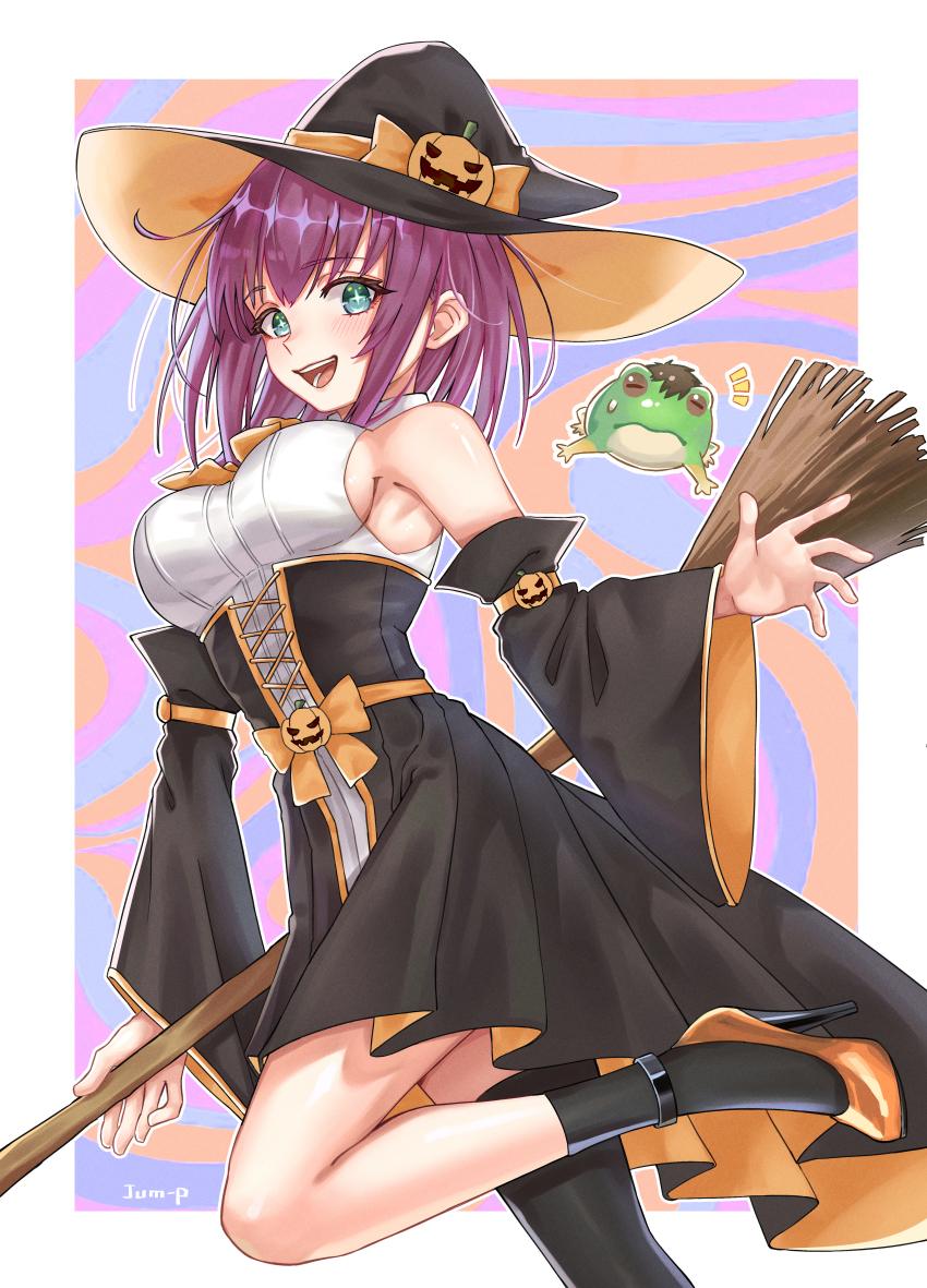 1girl :d absurdres aijou_rentarou animalization artist_name bare_shoulders black_socks bow bowtie breasts broom commentary detached_sleeves english_commentary frog hat hat_bow hat_ornament high_heels highres jack-o&#039;-lantern jjum_pp kimi_no_koto_ga_dai_dai_dai_dai_daisuki_na_100-nin_no_kanojo large_breasts long_hair long_sleeves looking_at_viewer open_mouth orange_bow orange_bowtie orange_shoes purple_hair saiki_himeka shoes simple_background single_sock single_thighhigh smile socks solo star-shaped_pupils star_(symbol) symbol-shaped_pupils thighhighs two-sided_fabric white_sleeves witch witch_hat