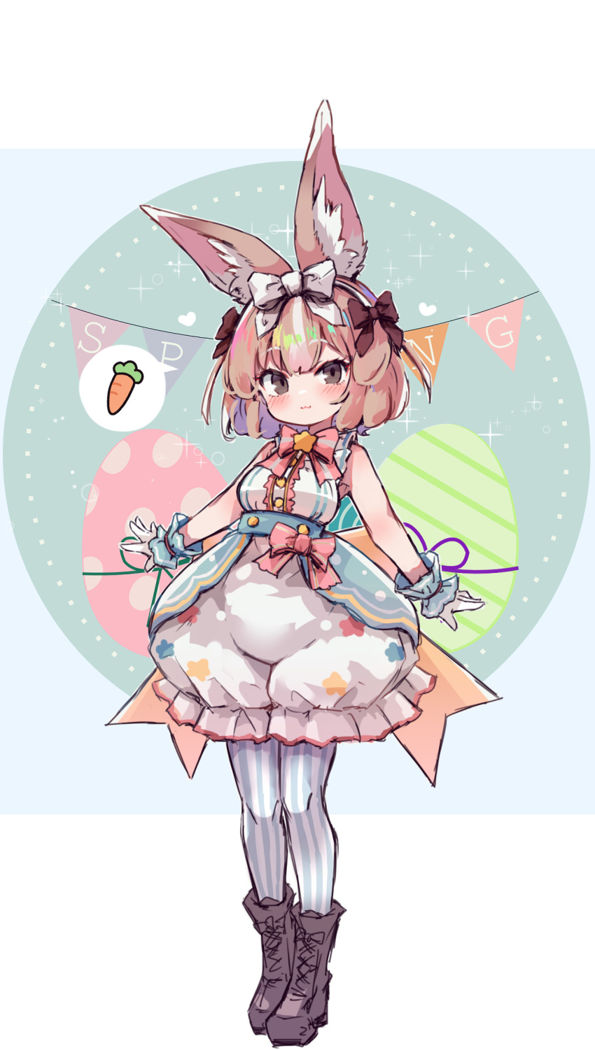 :3 animal_ears back_bow bare_shoulders blue_bow blue_bowtie blue_pantyhose blue_shirt blue_wrist_cuffs blush boots bow bowtie brown_bow brown_eyes brown_footwear carrot center_frills domestic_rabbit_(kemono_friends) frilled_gloves frilled_shirt frills full_body gloves hair_between_eyes hair_bow highres kemono_friends kemono_friends_3 kolshica light_brown_hair multicolored_hair official_alternate_costume pantyhose pink_bow pink_bowtie pink_shirt rabbit_ears rabbit_girl shirt short_hair sidelocks sleeveless spoken_symbol striped_clothes striped_pantyhose striped_shirt two-tone_bow two-tone_bowtie two-tone_pantyhose vertical-striped_clothes vertical-striped_pantyhose vertical-striped_shirt white_bow white_gloves white_hair white_pantyhose white_shirt wrist_cuffs