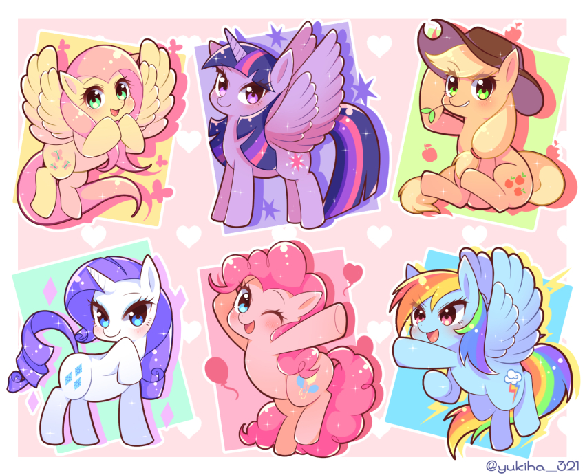 animal animal_focus animification applejack blonde_hair commentary_request cowboy_hat curly_hair cutie_mark feathered_wings fluttershy hat highres long_hair low-tied_long_hair mane_six_(my_little_pony) multicolored_hair my_little_pony my_little_pony:_friendship_is_magic no_humans pegasus pink_hair pinkie_pie pony_(animal) purple_hair rainbow_dash rainbow_hair rarity_(my_little_pony) twilight_sparkle unicorn winged_unicorn wings yukiha_(yukiha_321)