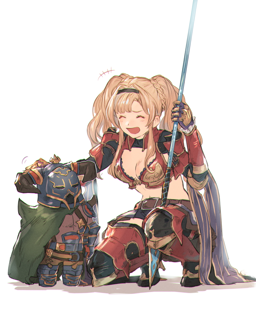 +++ 1boy 1girl armor asymmetrical_bangs belt blonde_hair boots breasts cape cleavage closed_eyes fake_horns gauntlets granblue_fantasy hair_intakes hairband hand_on_another&#039;s_head helmet hibana_(hibana_ztlv) high_heel_boots high_heels highres holding holding_polearm holding_weapon horned_helmet horns laughing long_hair medium_breasts mini_person miniboy miniskirt on_one_knee open_mouth polearm simple_background skirt spear twintails vaseraga weapon white_background zeta_(granblue_fantasy)
