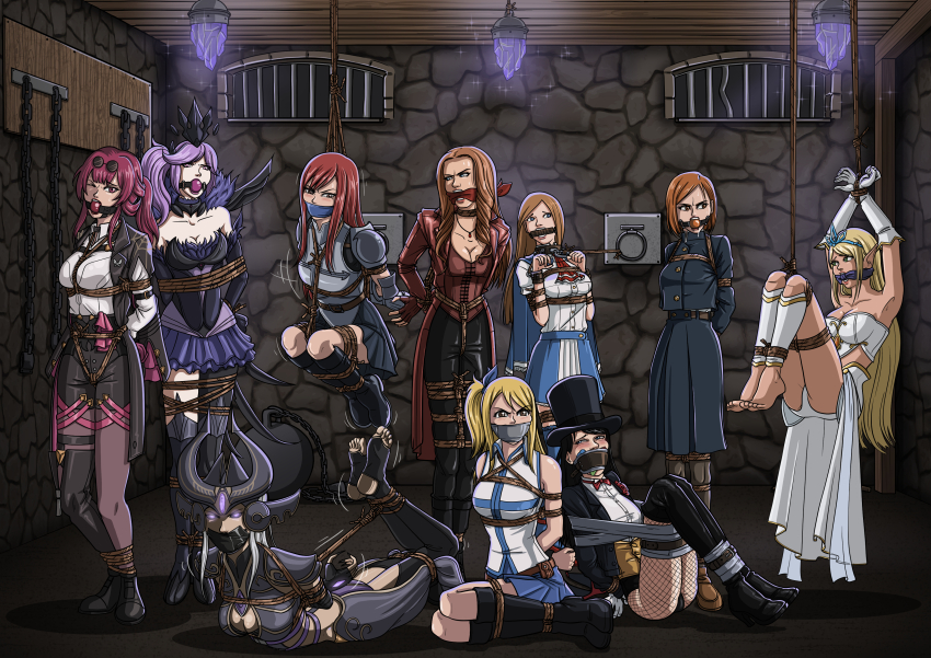 6+girls absurdres arms_behind_back ball_gag bdsm bit_gag bondage bound charlotte_aulin copyright_request female_focus gag gagged highres improvised_gag indoors janna_(league_of_legends) kidnapped kugisaki_nobara league_of_legends lucy_heartfilia mcbound motion_lines multiple_girls original rope struggling tape tape_gag tied_up_(nonsexual) zatanna_zatara