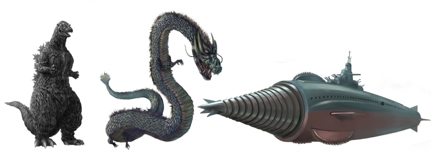 absurdres airborne_aircraft_carrier aircraft aircraft_artillery artillery atragon battleship cannon cruiser_submarine dinosaur directed-energy_weapon dragon drill eastern_dragon electronic_particle_cannon energy_cannon energy_weapon facial_hair flying_submarine full_body godzilla godzilla_(1954_movie) godzilla_(series) gotengo gunship highres horns japan_air_self-defense_force japan_ground_self-defense_force japan_maritime_self-defense_force japan_self-defense_force kaiju manda_(godzilla) mane military military_vehicle mother_ship mustache naval_artillery naval_gun pink_eyes saw sea_monster sea_serpent ship ship_turret size_comparison size_difference slit_pupils submarine submarine_aircraft_carrier subterrene tail toho ultra-taf vtol warship watercraft weapon whiskers zero_cannon