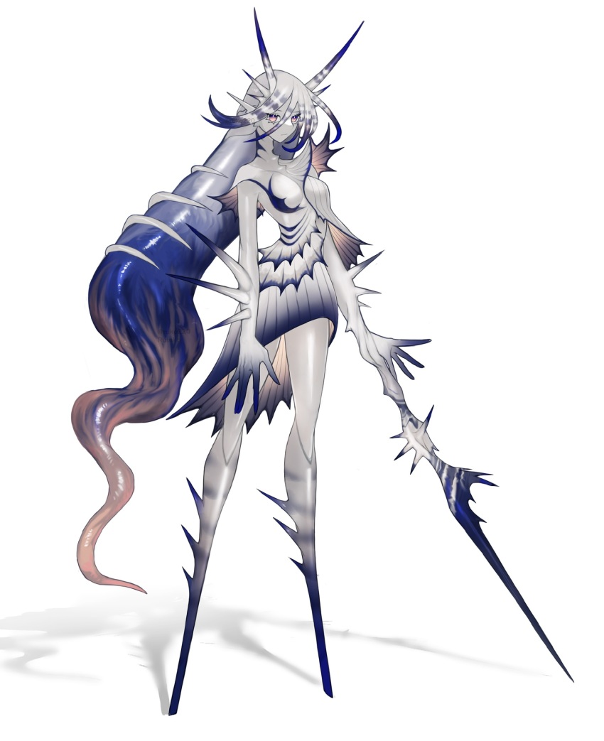 1girl arm_blade blue_hair breasts colored_skin commentary_request expressionless fins full_body hair_between_eyes highres horns long_hair looking_at_viewer medium_breasts monster_girl multicolored_hair no_feet original pink_eyes ruteko_(ruko220) shadow solo spines standing tentacle_hair two-tone_hair very_long_hair weapon white_background white_hair white_skin