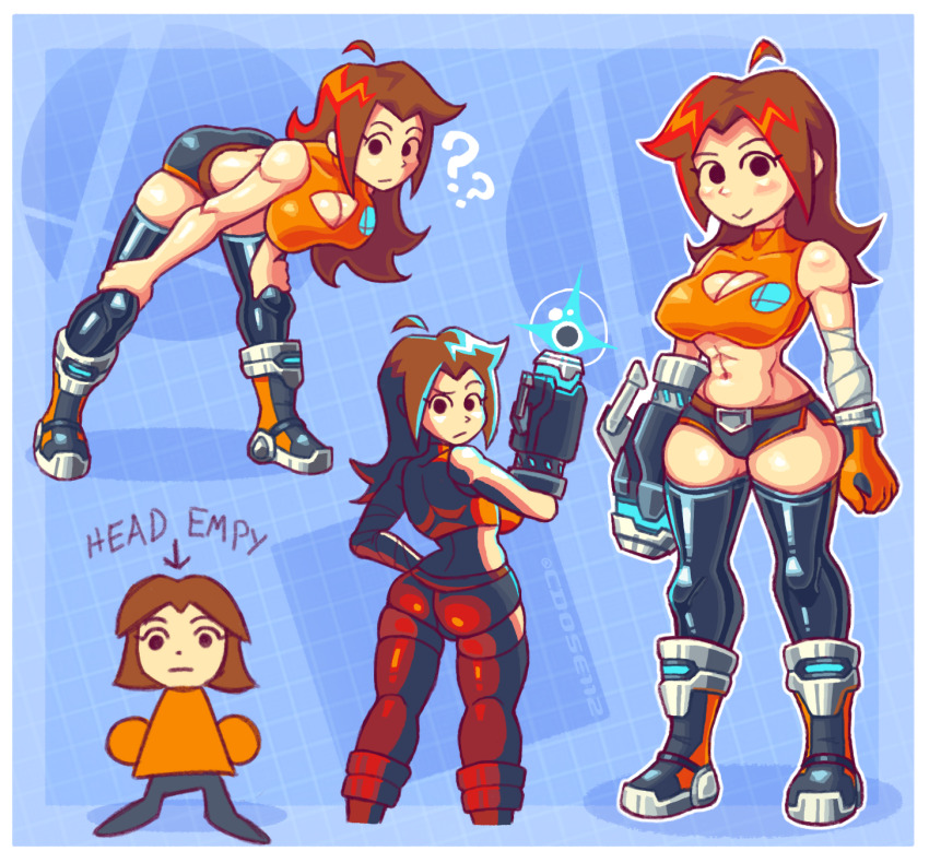 1girl ? ?? abs ahoge arm_cannon ass back bandages blue_background blush boots breasts brown_hair cannon cdose112 cleavage cleavage_cutout clothing_cutout collarbone commentary dot_nose english_commentary full_body gloves hanging_breasts highres latex latex_thighhighs leaning_forward leg_grab long_hair looking_at_viewer medium_breasts mii_(nintendo) mii_gunner mii_gunner_(smash_4) mob_face muscular muscular_female navel nintendo orange_shirt shiny_skin shirt short_shorts shorts sidelocks skin_tight smile solid_eyes solo super_smash_bros. thighhighs weapon zettai_ryouiki