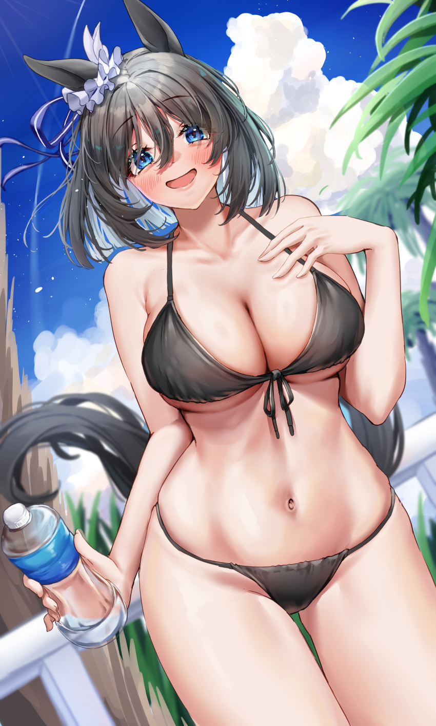1girl absurdres animal_ears bikini black_bikini black_hair blue_eyes blue_sky bottle breasts cloud day eishin_flash_(umamusume) hair_between_eyes highres holding holding_bottle horse_ears horse_girl horse_tail large_breasts looking_at_viewer open_mouth plastic_bottle short_hair sky solo swimsuit tabunshake tail umamusume water_bottle