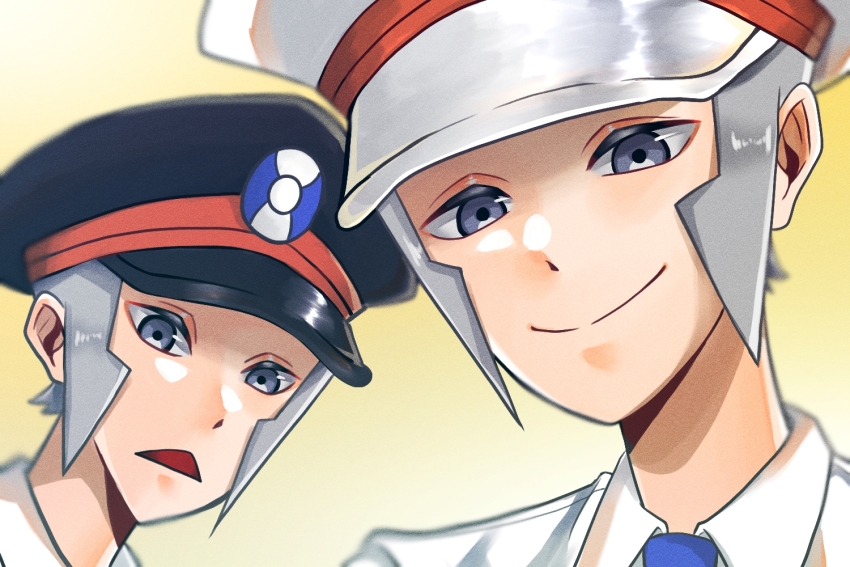 2boys black_eyes black_hat blue_necktie brothers collared_shirt emmet_(pokemon) grey_hair hat ingo_(pokemon) konbu_0915 male_focus multiple_boys necktie nintendo open_mouth pokemon pokemon_bw shirt short_hair siblings smile twins white_hat white_shirt yellow_background