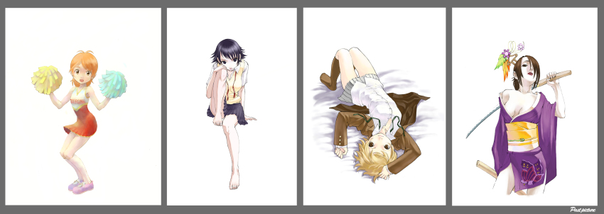 00s 4girls absurdres bad_id bad_pixiv_id bare_shoulders barefoot black_eyes black_hair blonde_hair breasts brown_eyes brown_hair cheerleader cleavage feet futari_wa_precure hair_ornament hair_over_one_eye highres japanese_clothes katana kimono legs lipstick long_image lying makeup medium_breasts misumi_nagisa multiple_girls orange_hair original pale_skin pom_pom_(cheerleading) precure rin2008 school_uniform shirasaya short_hair skirt small_breasts smile socks sweater sword weapon wide_image