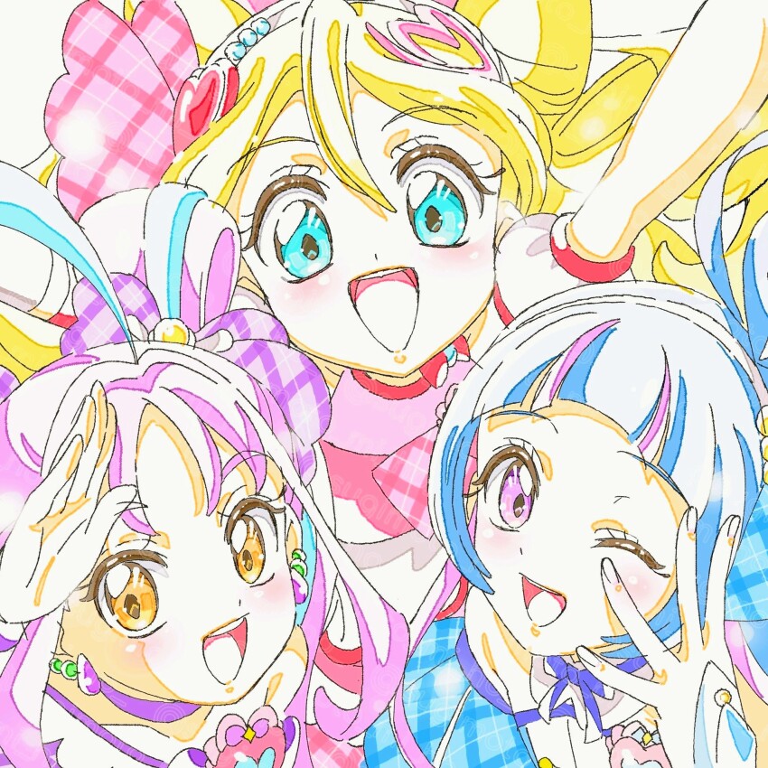 3girls ahoge aokaze_nana arm_up asymmetrical_dress bare_shoulders beads blonde_hair blue_bow blue_bowtie blue_dress blue_hair blunt_bangs bow bow_choker bowtie bridal_gauntlets brooch choker collar cure_idol cure_kyunkyun cure_wink detached_collar detached_sleeves dot_nose dress drill_hair earrings eyelashes fingernails hair_beads hair_between_eyes hair_bobbles hair_bow hair_ornament hair_ribbon hairband hairclip hand_on_own_cheek hand_on_own_face happy heart heart_brooch heart_hair_ornament highres jewelry kimi_to_idol_precure light_blush long_hair looking_at_viewer magical_girl multicolored_hair multiple_earrings multiple_girls off-shoulder_dress off_shoulder one_eye_closed open_mouth parted_bangs pink_bow pink_bowtie pink_hairband pink_ribbon pink_shirt pink_skirt plaid_bow plaid_bowtie plaid_clothes plaid_dress plaid_ribbon precure puffy_short_sleeves puffy_sleeves purple_bow purple_choker purple_dress purple_eyes purple_hair ribbon sakura_uta_(precure) shigure_kokoro shirt short_sleeves single_bare_shoulder single_off_shoulder skirt sleeveless sleeveless_shirt smile sphere_earrings streaked_hair sugimoto_miho tareme teeth twin_drills twintails two-tone_hair two-tone_shirt upper_body upper_teeth_only white_background white_bridal_gauntlets white_collar white_hairband white_shirt white_sleeves yellow_eyes