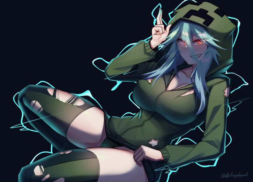1girl blue_hair blush borrowed_character breasts charged_creeper cleavage collarbone creeparka creeper cupa_(at2.) destinyplayer1 electricity green_hoodie green_thighhighs grin hair_between_eyes highres hood hood_up hoodie large_breasts long_hair long_sleeves looking_at_viewer minecraft mob_talker parted_lips red_eyes smile solo teeth thighhighs torn_clothes torn_hoodie torn_thighhighs